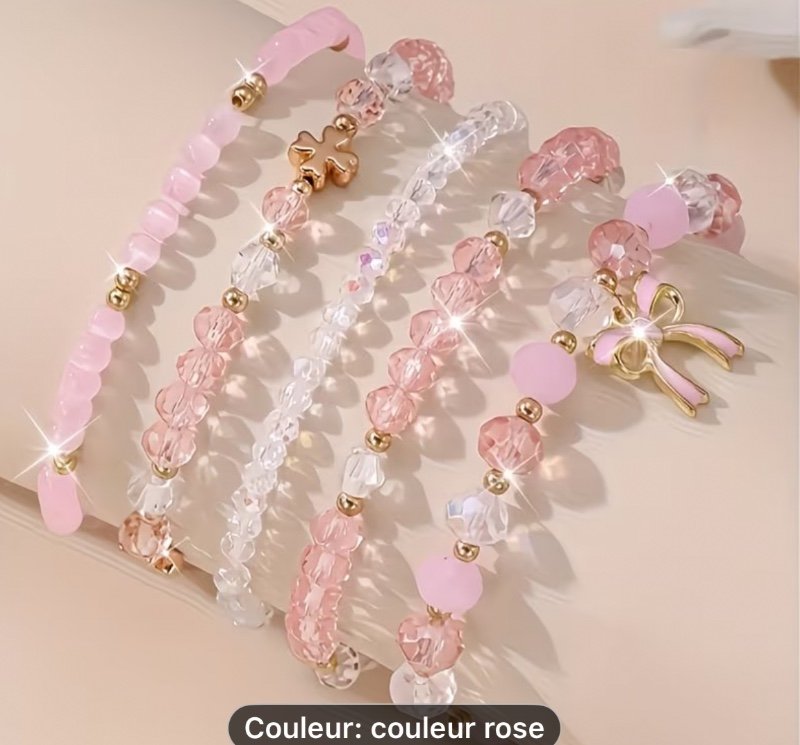 Ensemble de 5 bracelets en perles de verre rose élégant avec boucles dorées et pendentifs à nœud - Parfait pour les fêtes, les festivals de musique et les vacances, accessoires polyvalents pour toutes les saisons | Accessoire élégant | Finition brillante