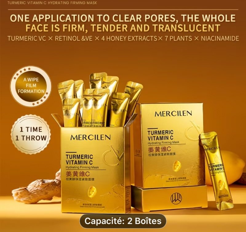 2 Boîtes de Masque Hydratant au Curcuma, Vitamine C et Rétinol, Contenant de la Niacinamide, du Collagène et du Squalane Végétal pour Hydrater et Éclaircir la Peau du Visage, Donner à la Peau un Aspect Plus Jeune. Un Incontournable pour les Voyages, Convi