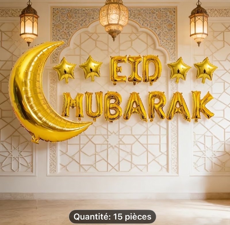 15 pièces Kit de Ballons pour Fête de Vacances, avec une Bannière "Eid Mubarak" en Ballons, Accompagnée de Ballons Étoiles Dorées et Ballons Lune. Idéal pour les Décorations de l'Aïd al-Fitr/Ramadan, Ballons d'Ambiance Festive et Décorations de Fête. Aucu