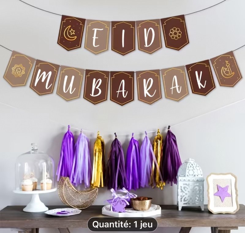 1 ensemble, Bannière Lumineuse pour l'Aïd Moubarak, Guirlande Ramadan Kareem avec Motif Lune & Étoile, Guirlande Suspendue Marron & Dorée pour les Décorations de Célébration de l'Aïd al-Fitr Musulmane à la Maison