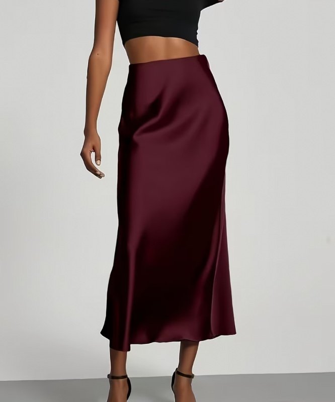 Jupe mi-longue élégante taille haute pour femme en satin et élasthanne, jupe fluide à coupe droite, style polyvalent de navetteur pour femme d'âge mûr, convient pour les vacances, anniversaires, fêtes, festivals et rassemblements, Gavin