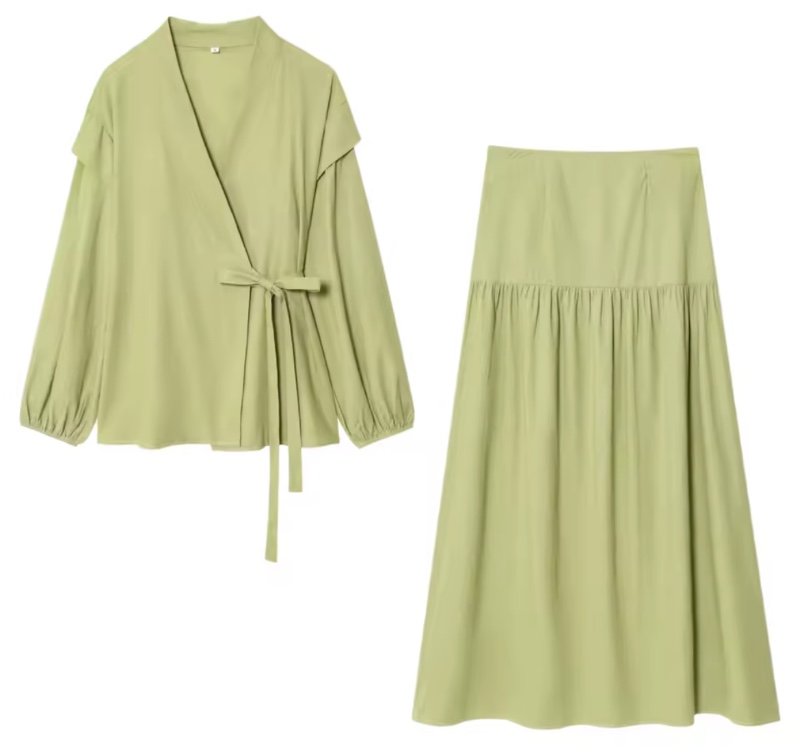 Ensemble tunique décontractée à col en V et jupe midi à manches lanternes pour femme, design tendance, avec ceinture, tenue d'été en tissu polyester