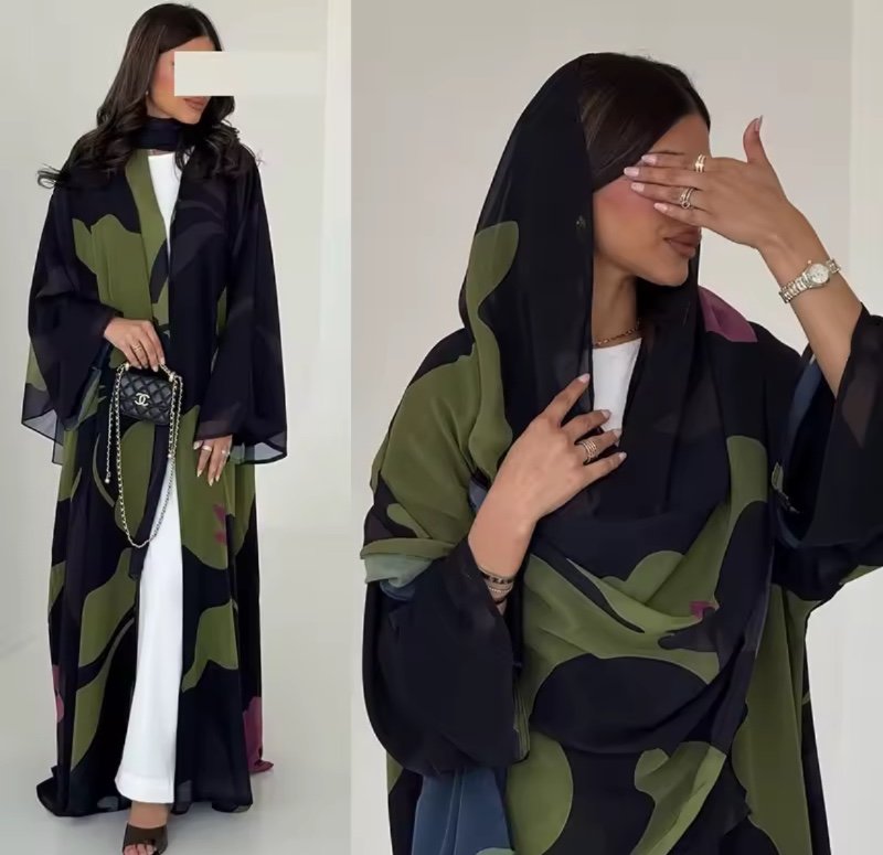 Abaya Cardigan Ouvert pour Femme, Robe Longue Imprimée en Mousseline, Jalabiya Musulmane, Caftan de Fête Ramadan, Robe Arabe, Caftan Marocain de Dubaï