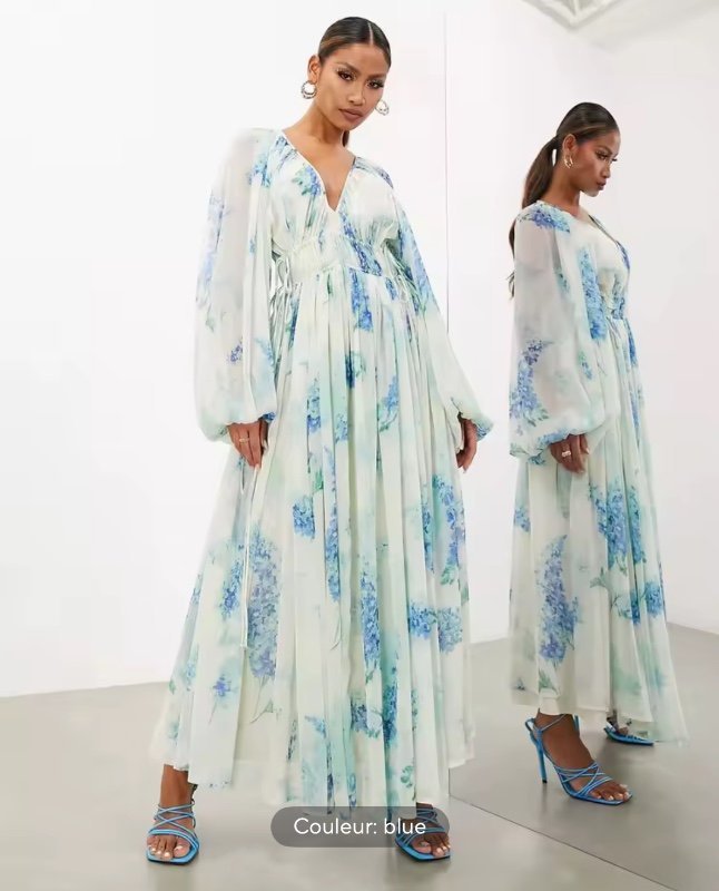 Robe longue en mousseline de soie imprimée élégante pour femmes, col en V, taille haute, ficelle de proximité, plis transparents, robe de soirée à manches longues, robe éducative féminine