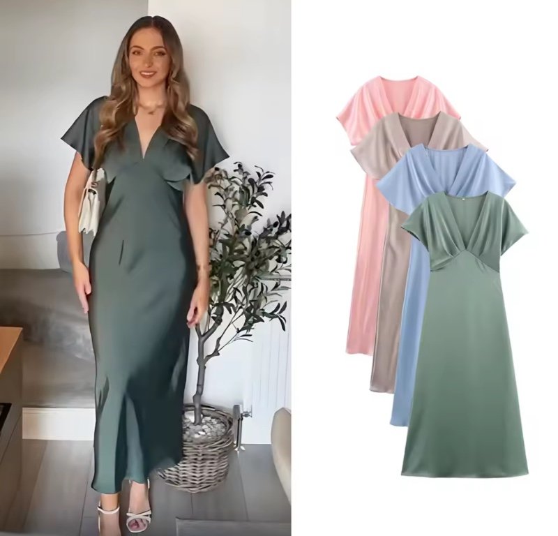 Robes midi en satin pour femmes, robes élégantes à manches courtes, col en V uni, robe longue de soirée, robe de fête pour femmes