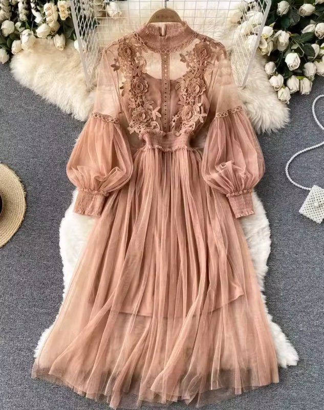 Robe tridimensionnelle pour femmes, crochet à fleurs, maille, tempérament, col montant, manches lanternes, taille haute, Slim