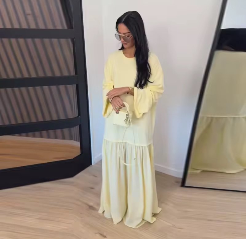 Robe longue ample à manches évasées, col rond, à volants, coupe décontractée, fluide, pour le printemps et l'été 2026, tenue unie polyvalent