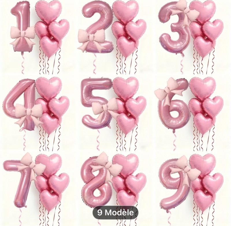 Lot de 6 ballons de fête roses avec nœud numéroté et ballons en forme de cœur pour fête d'anniversaire, décoration de rassemblement, anniversaire, célébration de festival, mur de fond, fête en plein air, ambiance, fournitures de boules décoratives pour ph