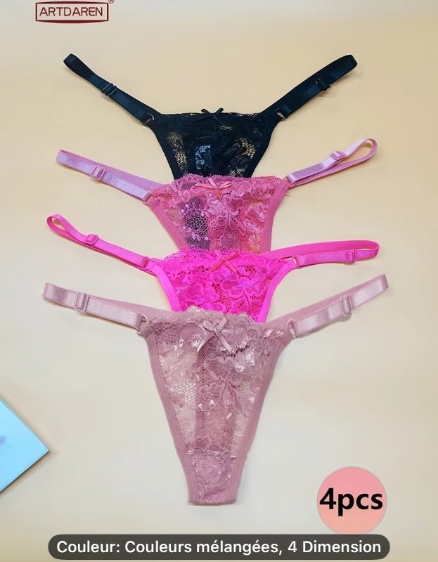 4pcs String Sexy Réglable en Dentelle pour Femmes | Détails de Nœud, Taille Basse, Couleur Unie, Marque: ARTDAREN