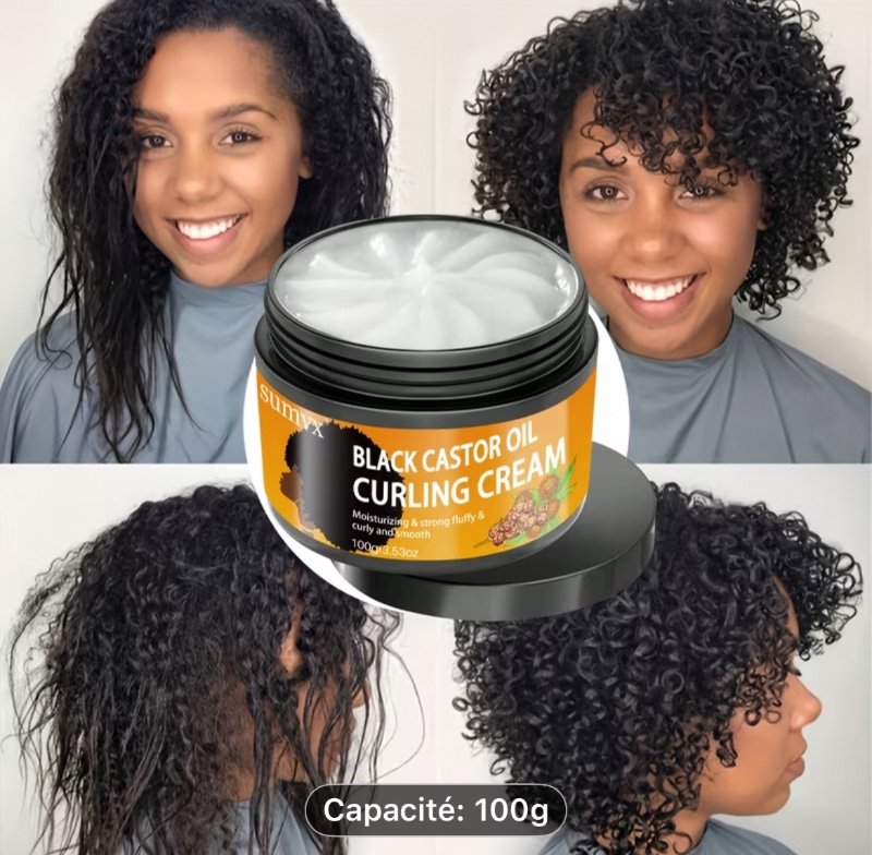 Crème Bouclée à l'Huile de Ricin Noire 100g, Infusée d'Argan - Boucles Durables et Anti-frisottis, Maintient les Boucles Hydratées et Élastiques, Adapté aux Cheveux Secs et Frisés, Unisexe