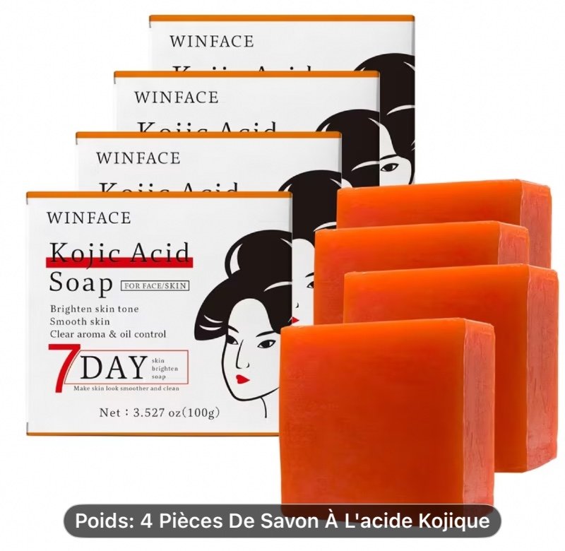4pcs Savon à l'acide kojique | Éclaircit le teint, Hydrate, Contrôle le sébum, Goût d'orange, Huile essentielle, Nettoyant facial, Convient à tous les types de peau