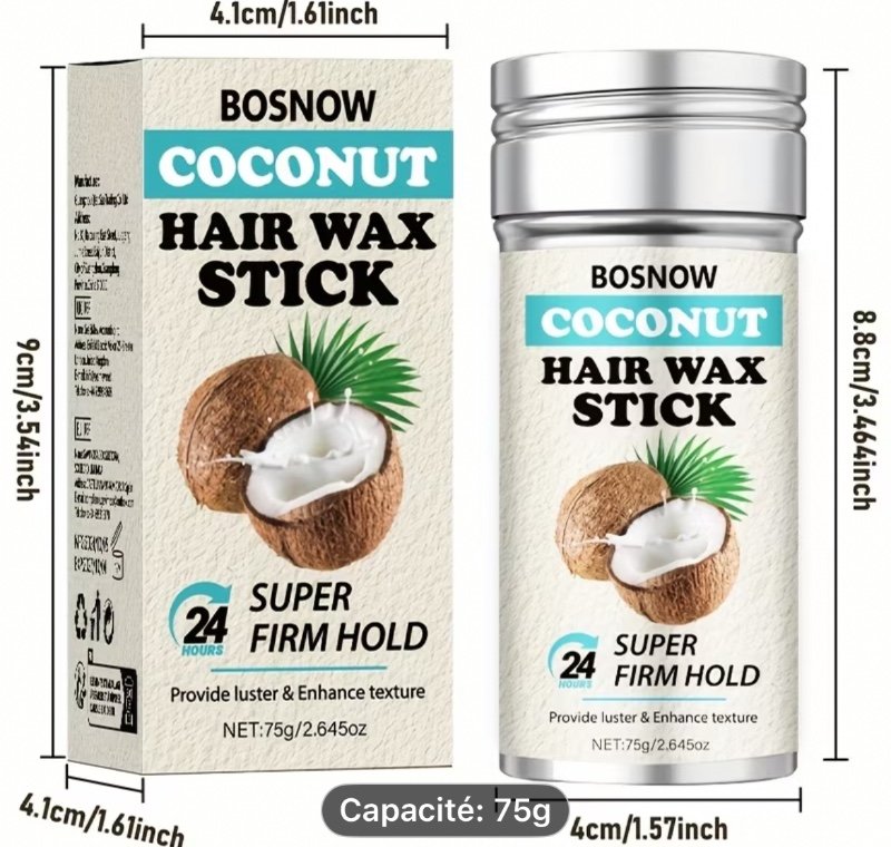 Bâton de cire capillaire au coco 75G, 3 secondes pour une fixation instantanée, hydrate les cheveux, offre un brillant et améliore la texture, style longue durée 24 heures, adieu aux cheveux désordonnés