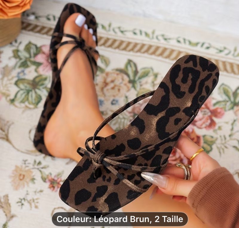 Sandales plates d'été 2025 pour femmes, style festival de musique, vacances, mode facile et polyvalente, motif léopard marron, pointes fines carrées françaises, largeur étroite, design à bride et tige, grande taille, marron, imprimé léopard, chaussures de