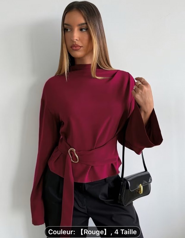 Chemise vintage à manches cloche pour femme avec boutons métalliques devant, col rond uni, pour tenue professionnelle, bureau et quotidien, lavable en machine