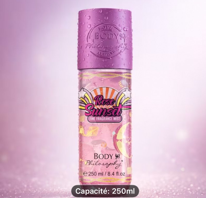 ROSE SUNSET 250ML – Brume Parfumée Corps Fine Fragrance Mist – Parfum Floral Rosé – Hydratante & Rafraîchissante – Spray Corps Femme – 250 ml