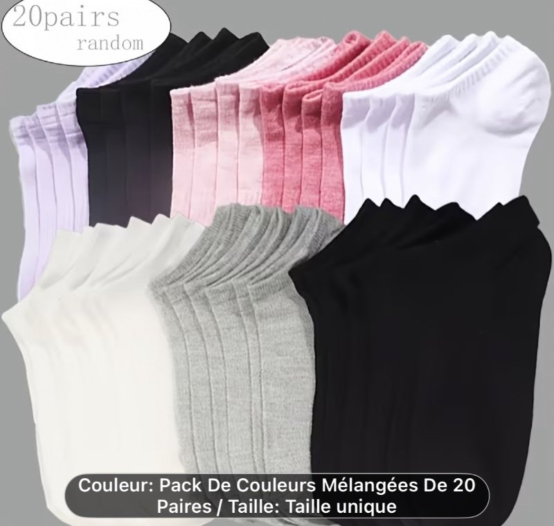Lot de 20 paires de chaussettes courtes de couleurs mélangées aléatoires, unisexes, fines, respirantes, classiques, de couleur unie, mélange aléatoire pour le printemps/été, chaussettes courtes à la mode