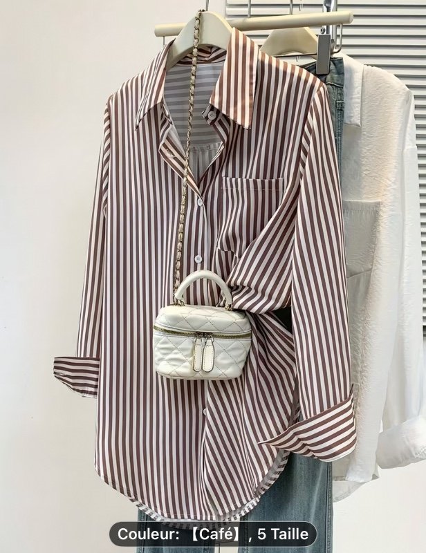 Chemise Élégante à Rayures pour Femme avec Poche Poitrine - Blouse à Manches Longues Boutonnée pour Bureau et Tenue Décontractée, Rayures Verticales, Lavable en Machine, Sans Élasticité