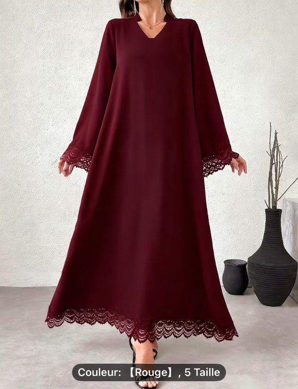 Robe Abaya Arabe Élégante à Manches Longues pour Femme – Relevée de Dentelle, 100 % Polyester, Lavable en Machine, Légèrement Élastique, Tenue Décontractée d'Été, Collection Moyen-Orient