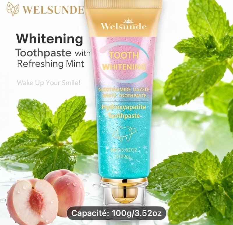 Dentifrice à la Nicotinamide Blanchissante & Hydroxyapatite, Nettoyant, Élimination des Taches, Fraîcheur Buccale, Formule Fruitée pour des Dents Propres, Saveurs de Menthe, Brossage pour un Sourire Plus Éclatant, Formule Douce et Non Irritante Adaptée à