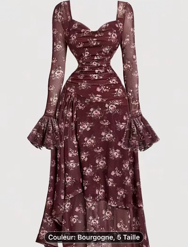 Robe Élégante Vintage à Imprimé Floral avec Col Carré - Manches Longues Asymétriques en Chauve-Souris Adaptée aux Mariages, Fêtes & Événements Formels - Robe Ajustée Extensible