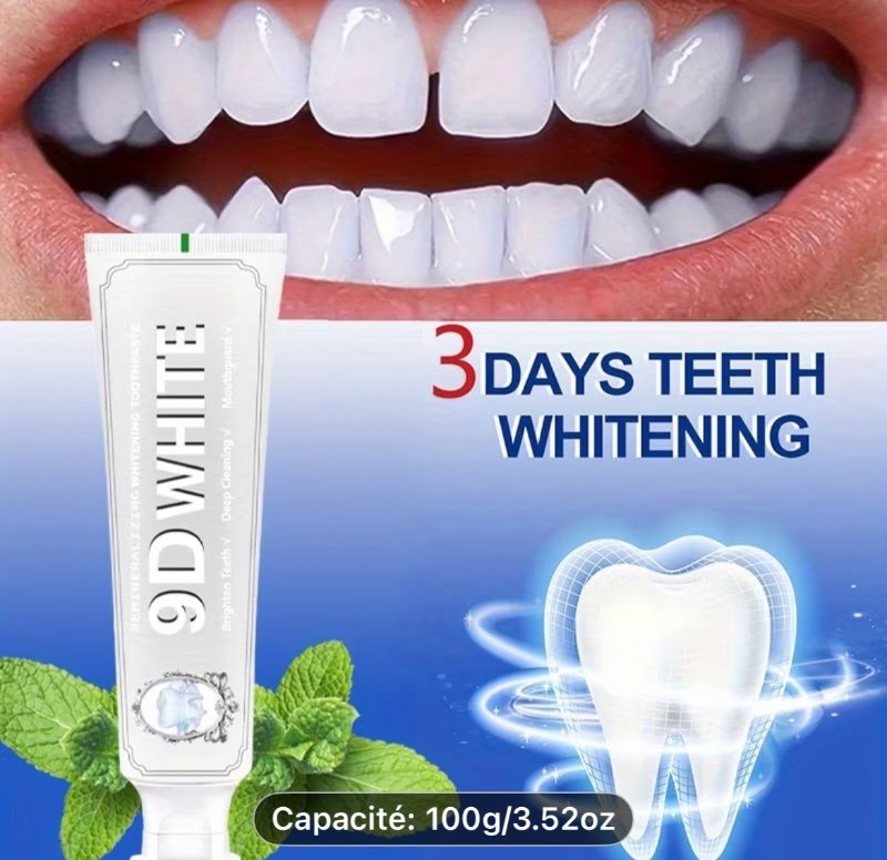 Dentifrice Blanc 9D - 100G/3.52Oz, une Formule pour Polir et Illuminer les Dents pour un Usage Quotidien, Fournit un Nettoyage en Profondeur, une Haleine Fraîche et un Sourire Éclatant, Améliore les Soins Dentaires, Essentiel pour l'Hygiène Bucco-Dentaire