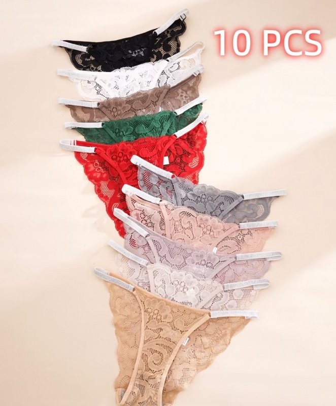 Lot de 10 culottes en dentelle pour femmes, string sexy avec barre argentée.