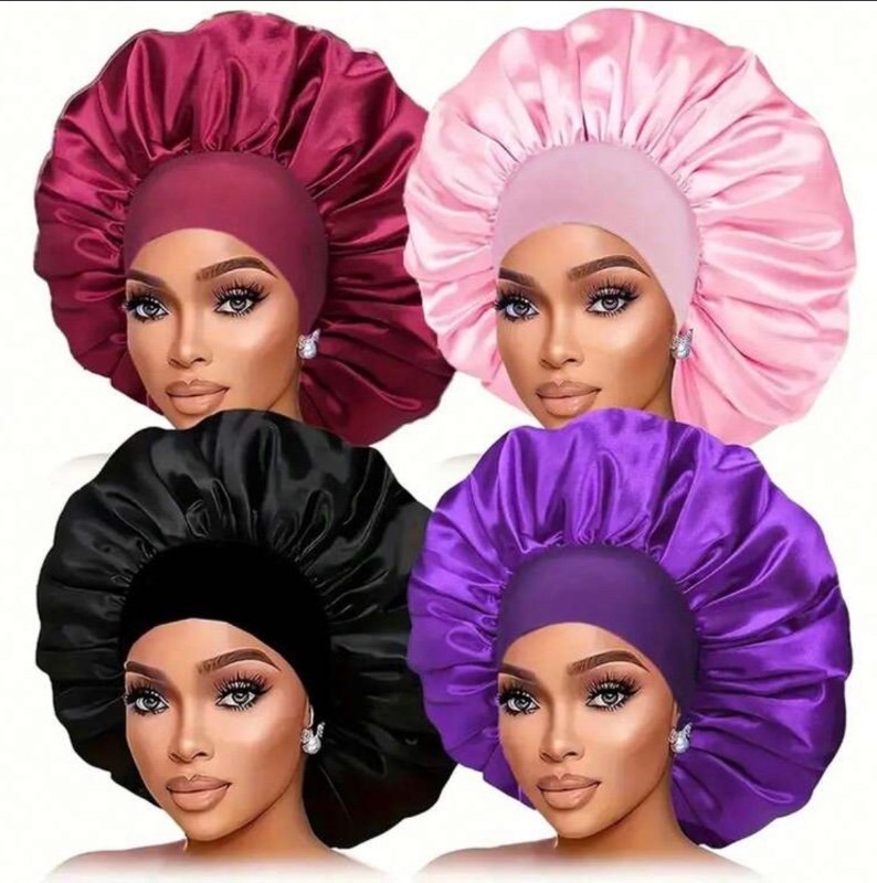 de 4 bonnets de nuit satinés pour femme, couleur unie, à large bord élastique. Confortables et tendance, parfaits pour protéger et entretenir les cheveux pendant le sommeil. Conviennent aussi pour l’été, la plage et un usage quotidien.