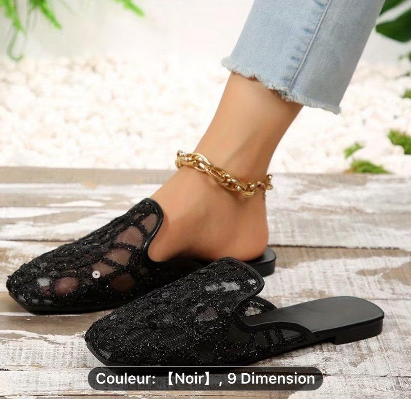 Mules pour femmes en maille pailletée, style décontracté d'été, nouvelle tendance, grande taille, chaussures d'extérieur à enfiler