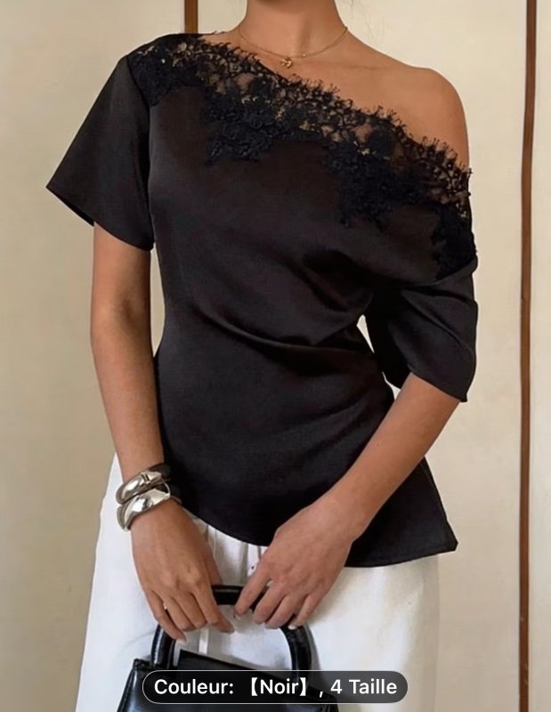 Chemise décontractée à manches courtes pour femmes, couleur unie, avec patchwork de dentelle