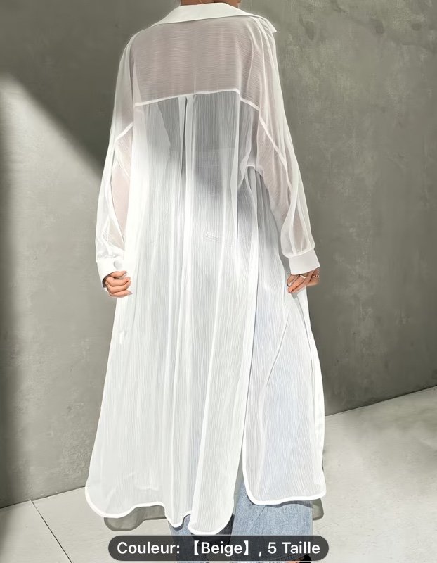Robe de Plage Maxi pour Femme - Blouse à Col Semi-Transparent, Manches Longues, Blanc Uni, Tenue de Resort Toutes Saisons, Lavable en Machine, Haut Élégant Style Manteau pour Événements Décontractés et Formels (Sans Élasticité)