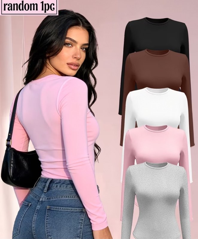 Livraison Aléatoire de 1 Pièce parmi un Lot de T-shirts à Manches Longues de 5 Couleurs. T-shirt à Manches Longues Femme Coupe Slim, Couleur Unie Aléatoire 1 Pièce. Haut à Manches Longues Col Rond Brossé, Nouveau Style Printemps/Automne. Style Y2K, , Doux