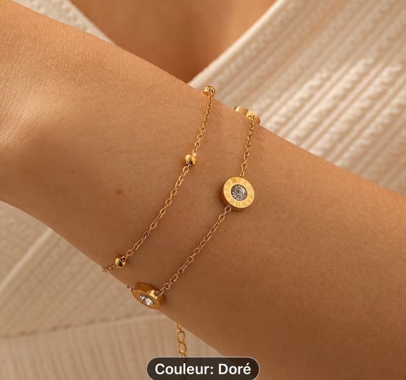 Bracelet doré double couche en acier inoxydable 304 avec chaîne fine incrustée de strass imitation verre, bracelet élégant pour femmes, cadeau de bijoux de fête