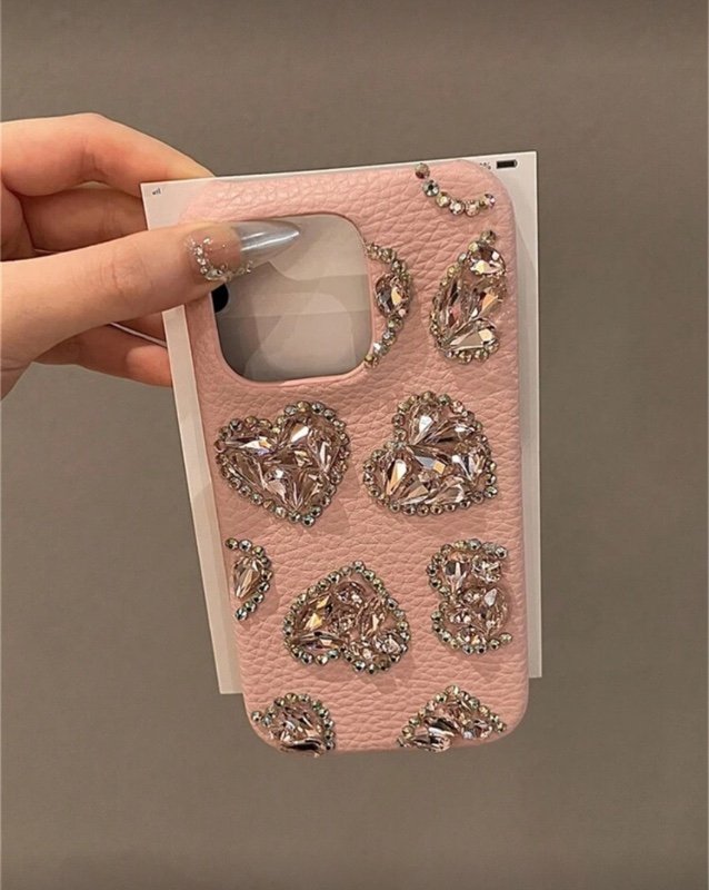 Étui de téléphone en cuir rose avec motif litchi et strass scintillants en forme de cœur, compatible avec iPhone 17 Pro Max/17 Pro/17, 16 Pro Max/16 Pro/16, 15 Pro Max/15 Pro/15, 14 Pro Max/14 Pro/13, anti-chute,