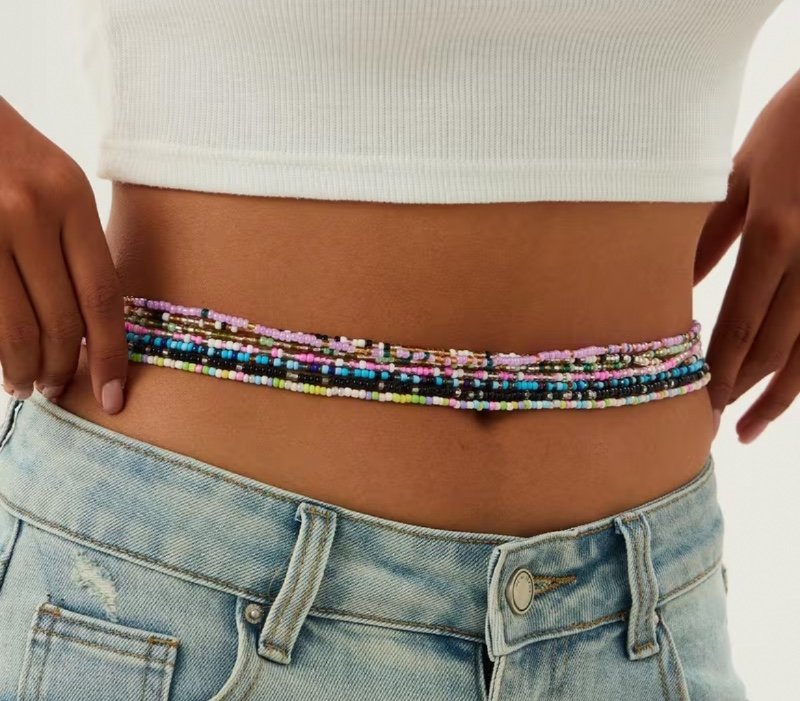 Chaîne de corps 7 pièces à perles colorées pour bikini, chaîne de taille pour vacances d'été à la plage, style bohème dopamine, chaîne de corps multicouche à perles colorées, chaîne de taille, décoration de nombril, chaîne de corps pour femme, en verre, p