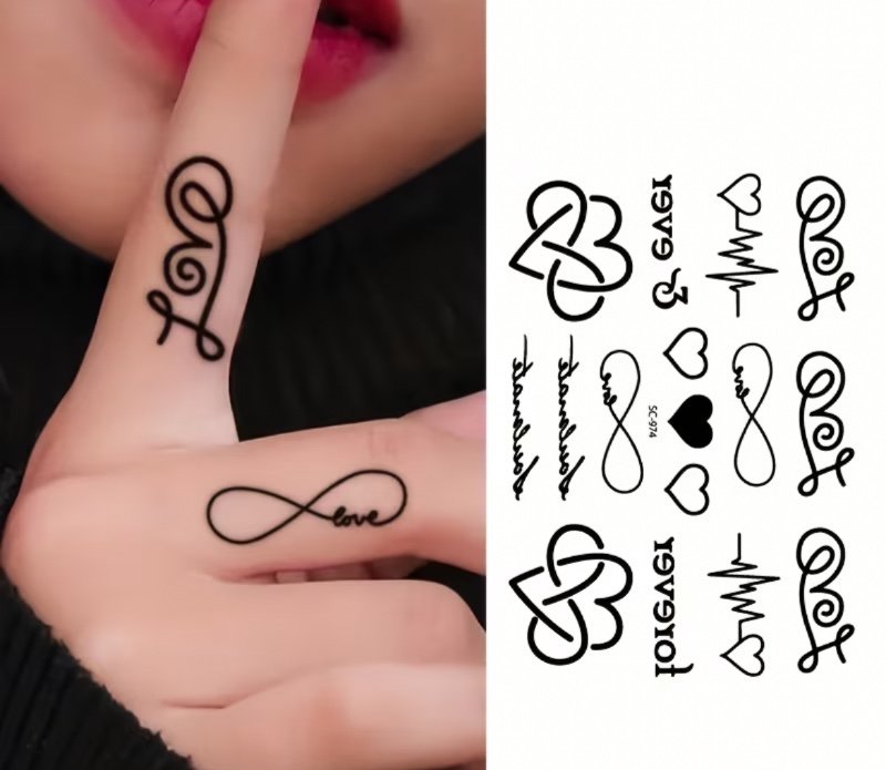 Autocollants de Tatouages Temporaires Étanches - Battement de Cœur Noir & Phrases en Anglais, Parfaits pour les Doigts & Poignets, Décorations d'Art Corporel Réalistes