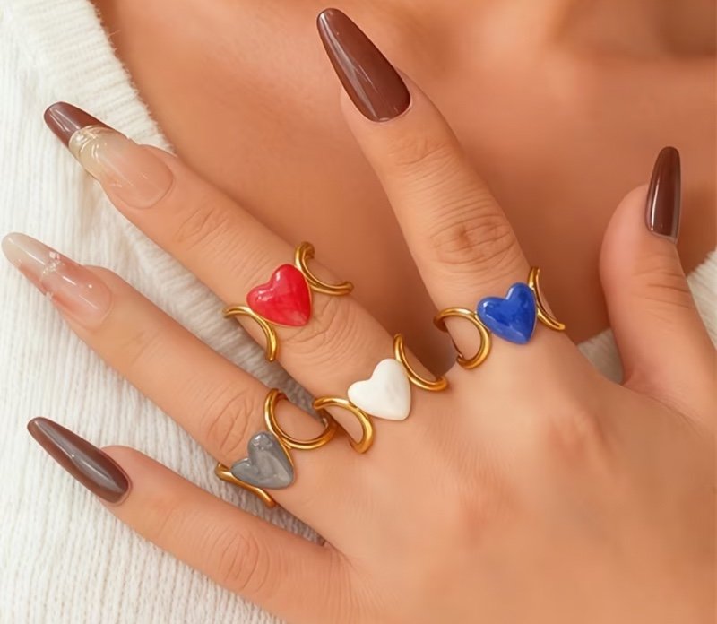 4pcs Bague Ouvre-Cœur Mode Femme Noir Blanc Rouge Bleu Acier Inoxydable Émail