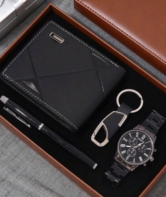 4 pièces/set Montre à quartz minimaliste pour hommes d'affaires, comprenant un boîtier de montre noir, un portefeuille, un stylo et un porte-clés. Axé sur un design professionnel et sobre en noir, le bracelet de la montre est durable et de haute qualité ;