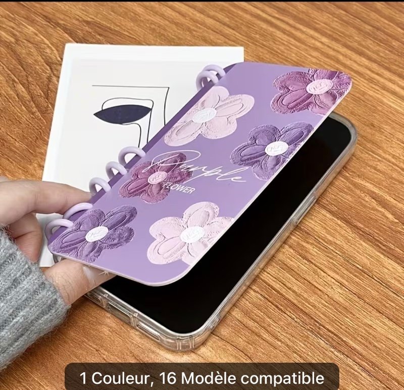 Coque de téléphone - Coque de téléphone style cahier à motif floral violet, adaptée pour Apple 16, un nouveau design créatif de cahier pour femmes, coque antichoc compatible avec 16/16Plus/16Pro/16Promax/15/15Plus/15Promax/14/14Plus/14Pro/14Promax, 13/13P