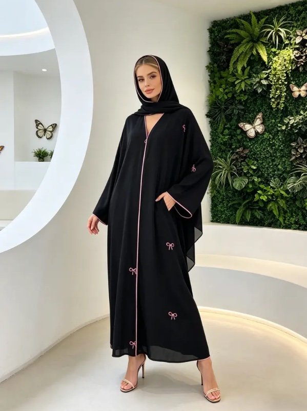 Cardigan noir avec broderie de nœud et boutonnage caché, ensemble musulman 2 pièces, robe longue élégante pour le Moyen-Orient