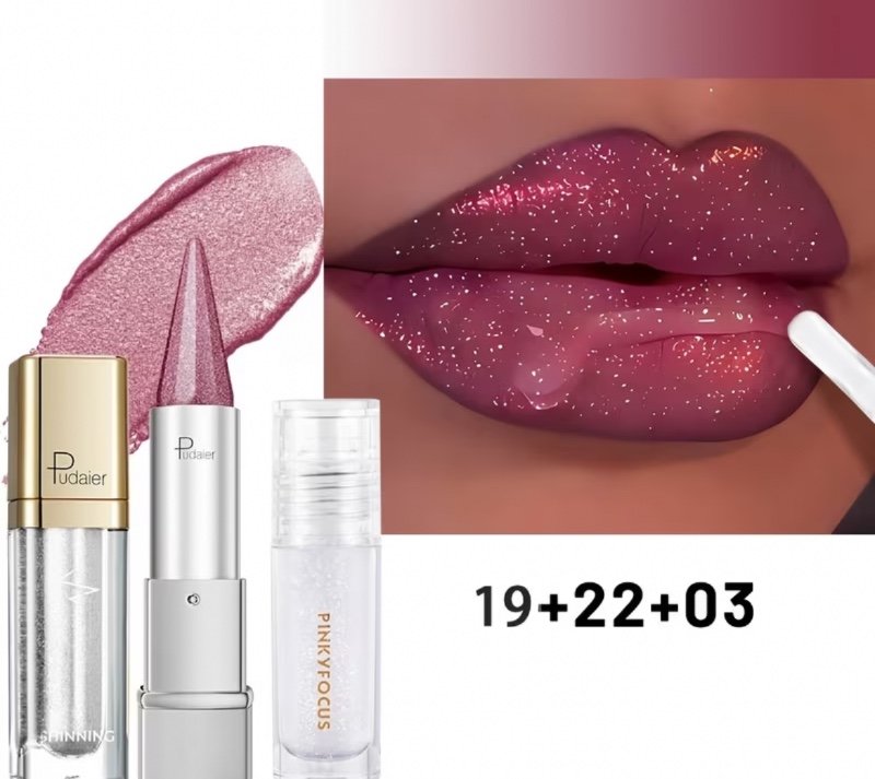 Ensemble de Cosmétique Scintillant Métal Diamant - Rouge à Lèvres Pointu Métallique et Gloss à Lèvres Pailleté | Hydratant, Effet Brillant, Parfait pour les Soirées, Disponible en Tons Rose et Violet, par Pudaier