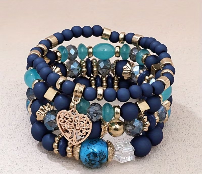 Ensemble de 4 bracelets en perles de style bohème - Bracelets en perles faits à la main multicolores avec pendentifs de cœur et d'arbre, design fendu, perles en verre de texture de sable de dopamine, fils de perles en acrylique, parfait pour les accessoir