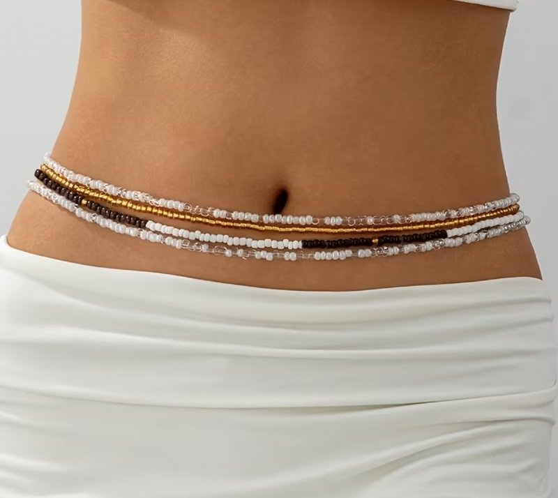Ensemble de 4 chaînes de taille multicolores style bohème d'été, chaîne corporelle, style cool pour vacances à la plage, bikini, chaîne de taille en perles, chaîne corporelle pour femmes, matériau en verre, vacances d'été à la plage, chaîne de taille d'ét