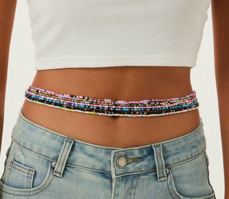 Chaîne de corps 7 pièces à perles colorées pour bikini, chaîne de taille pour vacances d'été à la plage, style bohème dopamine, chaîne de corps multicouche à perles colorées, chaîne de taille, décoration de nombril, chaîne de corps pour femme, en verre, p