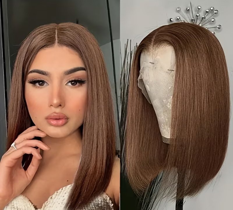 Perruque Bob 4# à Mèches Courtes avec Dentelle Frontale Colorée en Cheveux Humains pour Femme 13x4 Raie au Milieu Lisse à la Droit Frontale en Dentelle