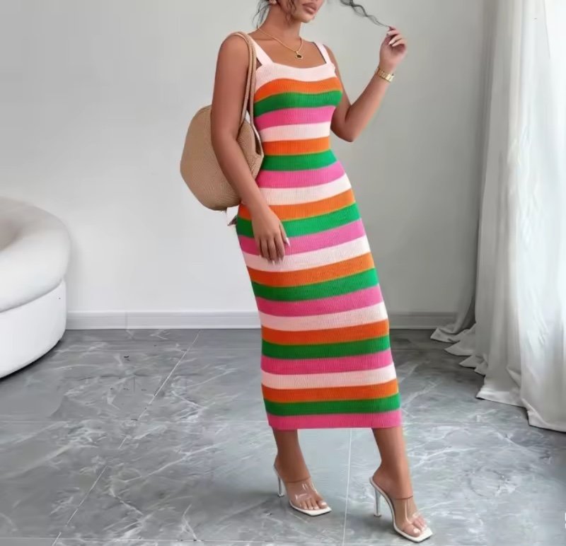 Chic élastique Sexy Wrap hanches Maxi longue robe femmes Y2K arc-en-ciel tricoté moulante robe d'été Streetwear dames tenues robe d'été