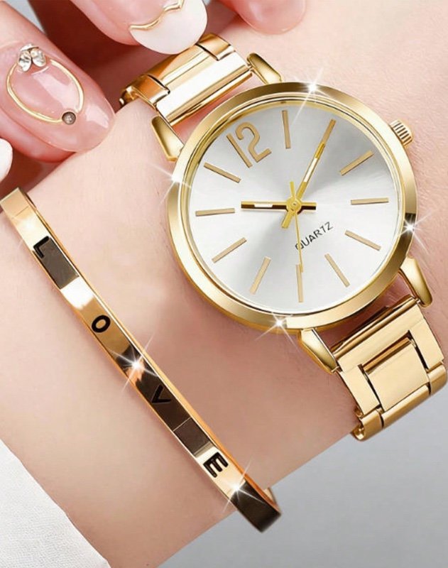 Ensemble de 2 montres de luxe pour femme, en quartz et or, comprenant un bracelet en métal avec inscription « LOVE », un bracelet en alliage, une montre élégante et professionnelle pour les déplacements quotidiens, avec boîtier doré brillant et design per