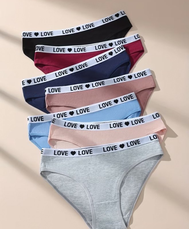 [Culottes Femme Confortables] 7 Culottes Femme à Taille Basse - Sous-vêtements Sexy Triangle Doux et Respirants avec Bande Taille "LOVE", Couleurs Unies (Rose, Rouge, Clair), Pour Tenue Décontractée, Design Minimaliste, Confort Optimal