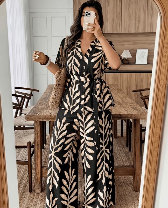 Grande Taille, Nouveau Haut d'Été Ample à Imprimé Feuilles pour Femme avec Cardigan à Col en V Ceinturé et Pantalon à Jambes Larges et Droites à Taille Élastique