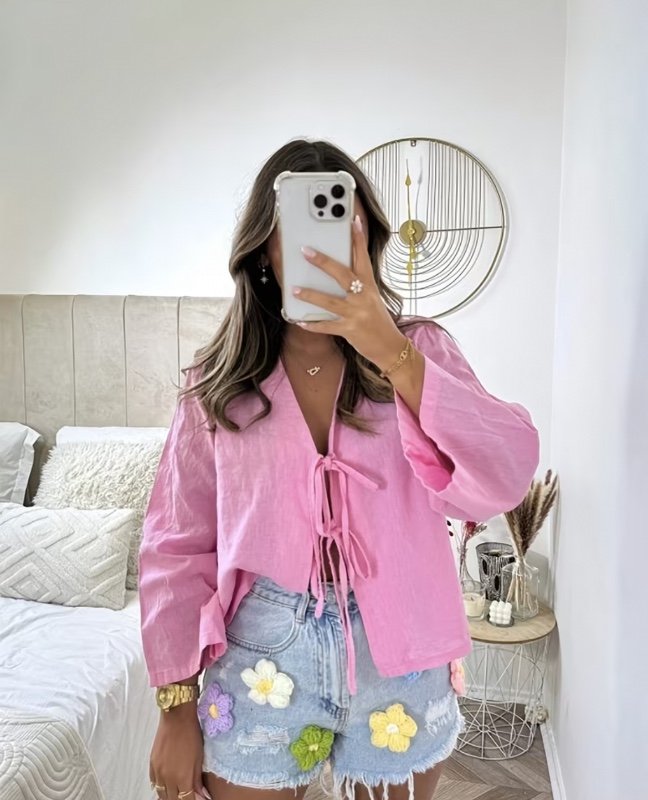 Blouse élégante pour femme - Chemise à nœud rose doux, col rond, pour le printemps/été, le bureau, les fêtes, les tenues quotidiennes - Vêtements pour femme, tenue décontractée, design à nœud, couture de qualité, haut élégant, femme, tenue de fête, haut f