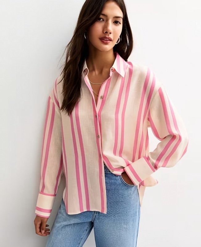 Nouvelle Chemise à Manches Longues Rayée - Haut à Col pour Femme avec Motif Rose
